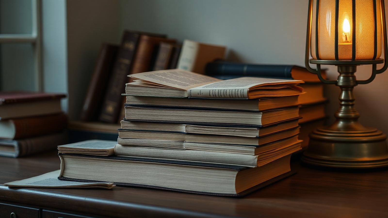 Pile de livres reliés sur un bureau en bois, éclairée par une lanterne en laiton
