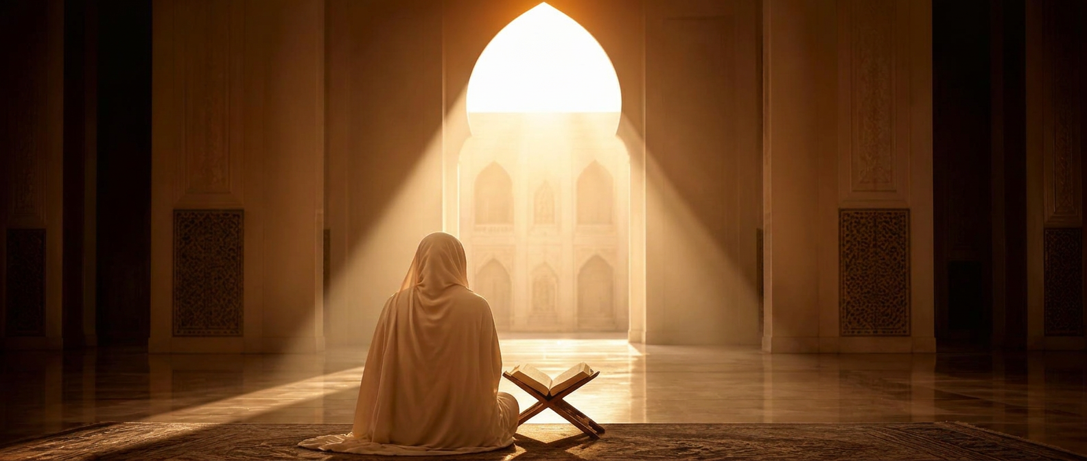 Femme voilée en abaya crème, vue de dos, assise face à une grande arche mauresque baignée de lumière dorée