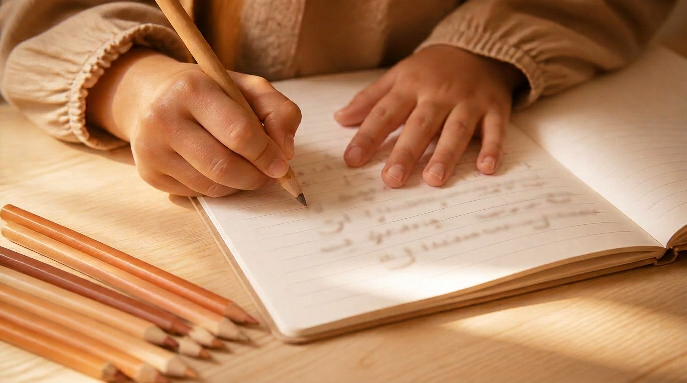 Mains d'enfant écrivant des lettres arabes dans un cahier, crayons de couleur aux tons sable