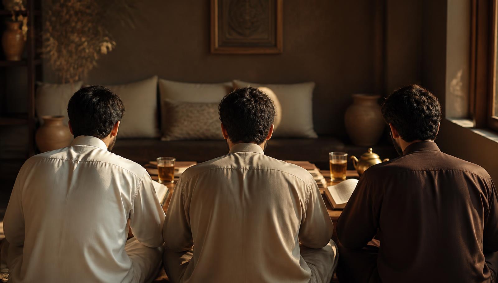 Trois hommes en qamis vus de dos, assis autour d'une table basse avec des livres arabes ouverts et du thé