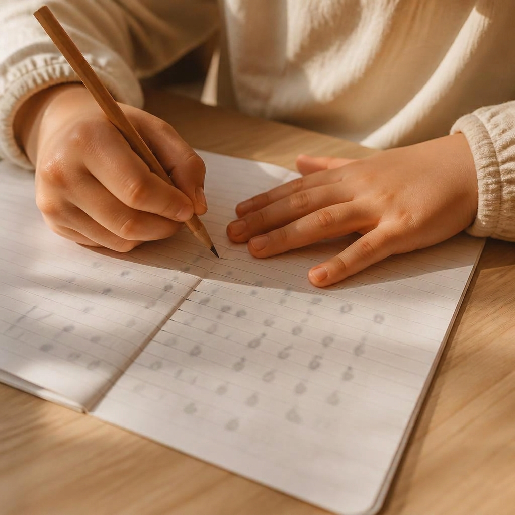 Mains d'un enfant traçant des lettres arabes au crayon sur un cahier, lumière dorée